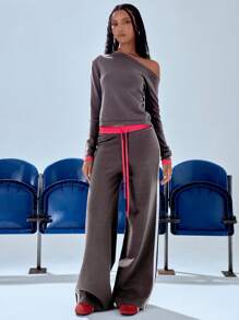 MUSERA Asymmetrical Neck Knit Contrast Wrist Top Spring Y2K 90's Casual Cute Fall Autumn Winter Thanksgiving Casual  New Year Party - Coffee Brown - View 1