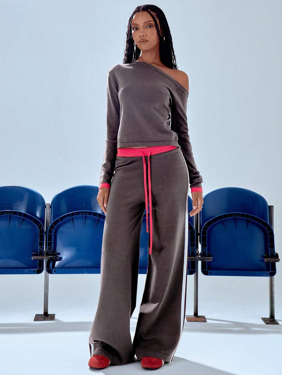 MUSERA Asymmetrical Neck Knit Contrast Wrist Top Spring Y2K 90's Casual Cute Fall Autumn Winter Thanksgiving Casual  New Year Party - Coffee Brown - View 1