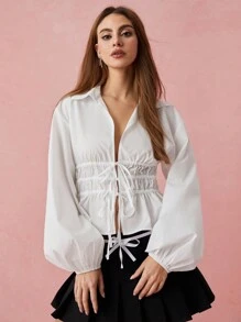 Enchnt Spring/Winter Romantic Women's Fashionable White Front Bowknot Long Sleeve Shirt,Casual&Comfortable&Elegant&Good Air Permeability For Valentine's Day&Vacation&Holiday&Commuting Daily - White - View 6