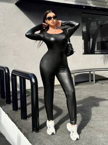 SHEIN EZwear Plus Size Solid Color Minimalist Long Sleeve Jumpsuit, Casual Everyday Wear