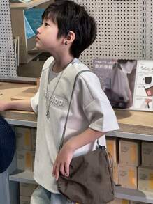 Dazy Kids Áo thun thường ngày tay ngắn cổ tròn màu trơn cho bé trai tuổi mới lớn, quần áo trở lại trường - Màu be - Xem 2