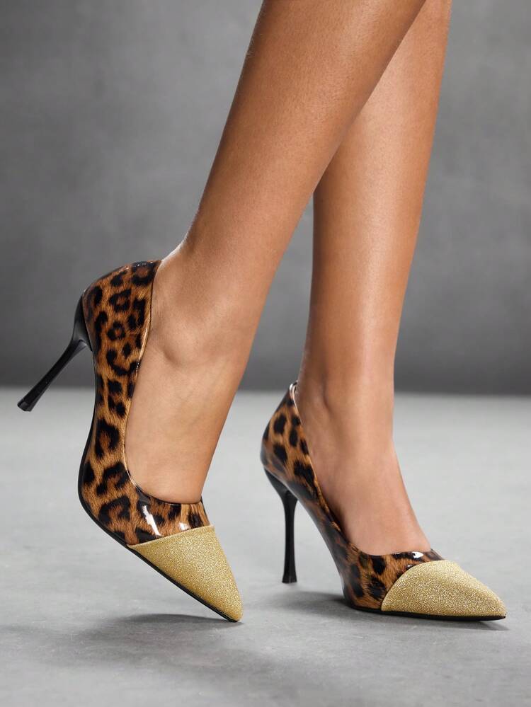CUCCOO SZL Women's Pointed Toe Stiletto Heels, Gold Sequin & Leopard Print High Heels, Suitable For Night Out Wear, Party Outfit, & New Year Party, Style, Punk Style Spring Shoes Spring Break Easter Prom Heels