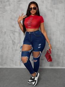 Quần jean rách co giãn màu xanh denim cỡ lớn cho nữ - Màu xanh lam - Xem 3