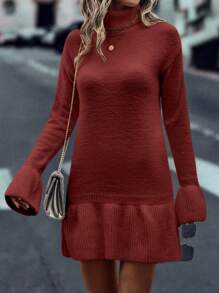 SHEIN Unity Vestido de terciopelo casual con volantes en el bajo, de color liso, sencillo y de moda para uso diario - Rojo - Ver 1