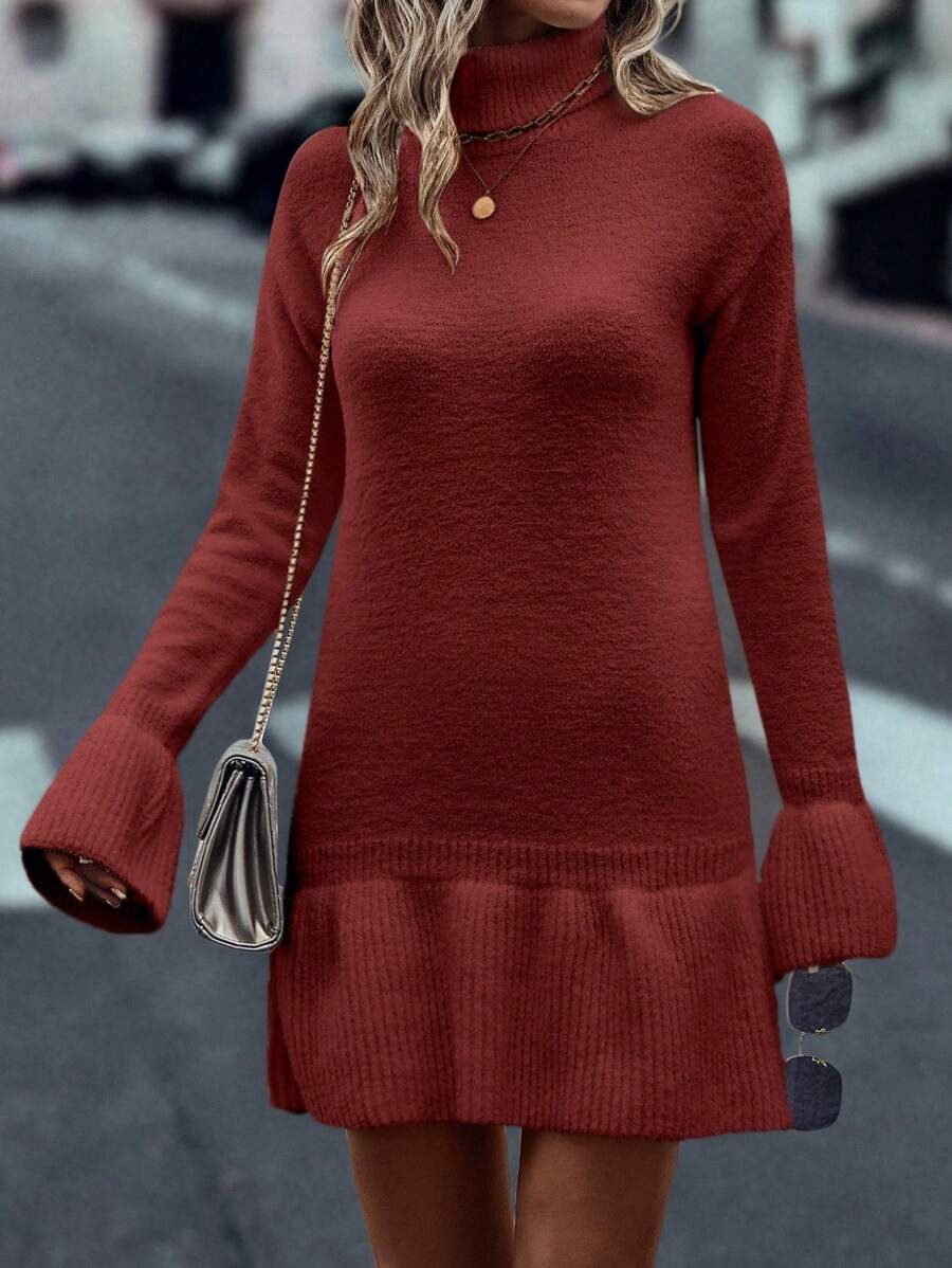 SHEIN Unity Vestido de terciopelo casual con volantes en el bajo, de color liso, sencillo y de moda para uso diario - Rojo - Ver 1