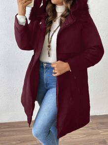 SHEIN LUNE Jaket Puffer Kasual Berkerudung dengan Saku, Warna Polos, Ukuran Besar, Lengan Panjang, Resleting Depan, Pakaian Musim Dingin - Burgundy - View 1
