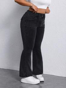 SHEIN PETITE CURVE 大码纯色休闲牛仔裤，简约风格，适合日常穿着 - 黑色 - 查看 3