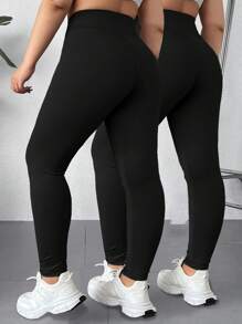 SHEIN EZwear Plus Size Czarne Leginsy Wyszczuplające z Wysokim Stanem, Swobodne i Minimalistyczne, Odpowiednie Na Wiosnę i Jesień