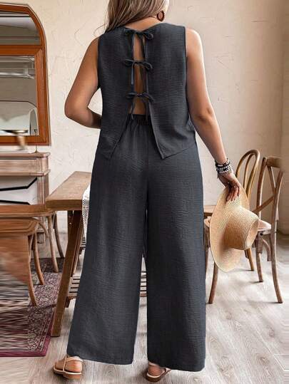 SHEIN LUNE Pure Plus Size Plain Color Back Tie Camisole And Pants 2 Pieces Set