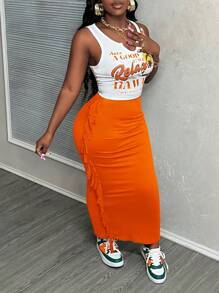 Slaydiva 夏季休闲度假U领镂空椰子树英文标语前开叉白色背心流苏墨绿色裙子女两件套-H - 橘色 - 查看 4