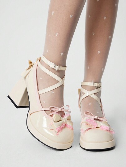 Kawaii Women's Beige Mary Jane Shoes, Lolita Bow Design Gothic Pumps, Closed Toe Strap High Heel Formal Shoes