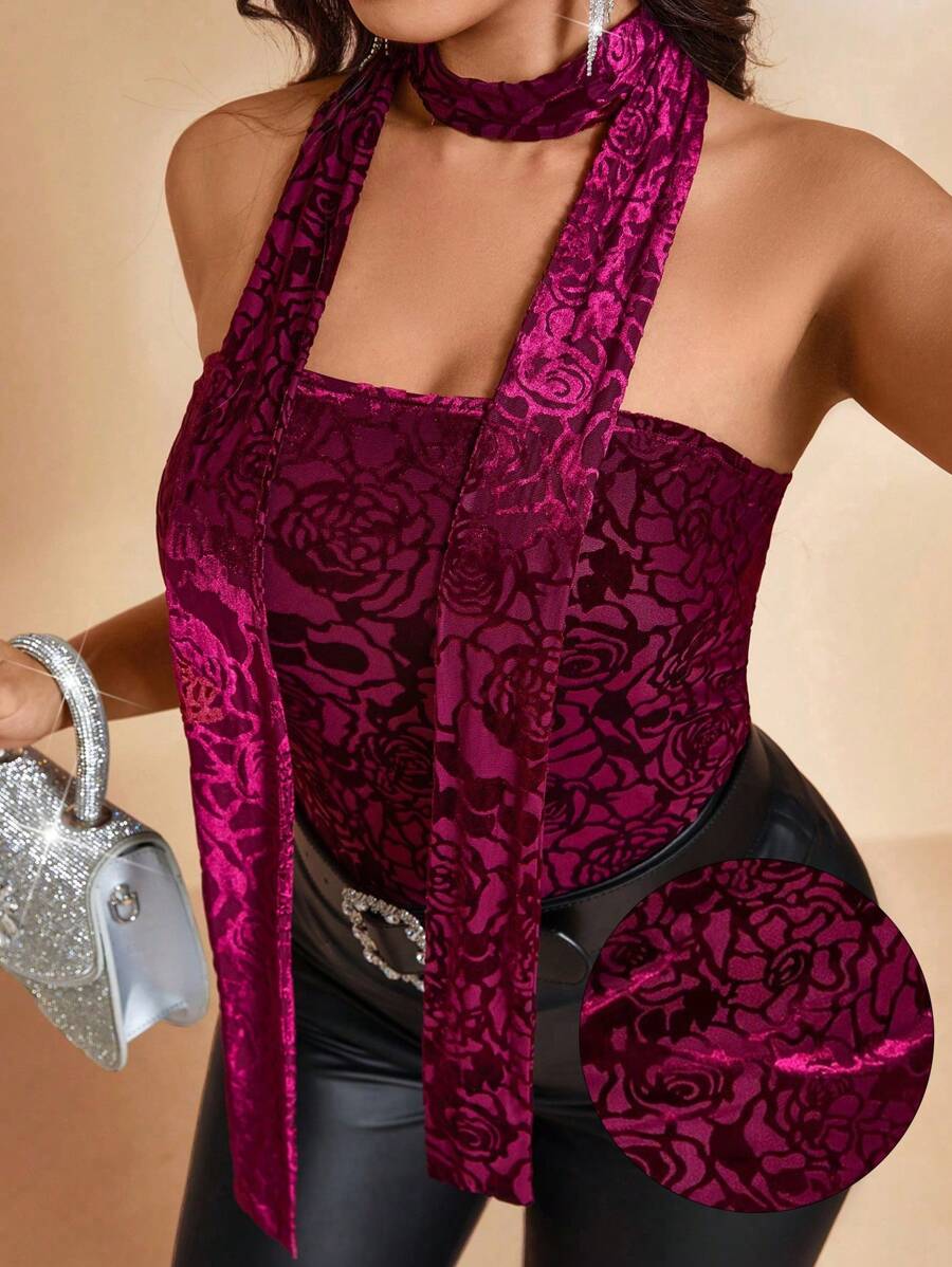 Allurite Plus Size Women's Dark Blue Summer Elegant Night Out Club Flocked Lace Floral Print Camisole Sleeveless Top With Decorative Scarf,Fashion Commuter - Burgundy - View 1