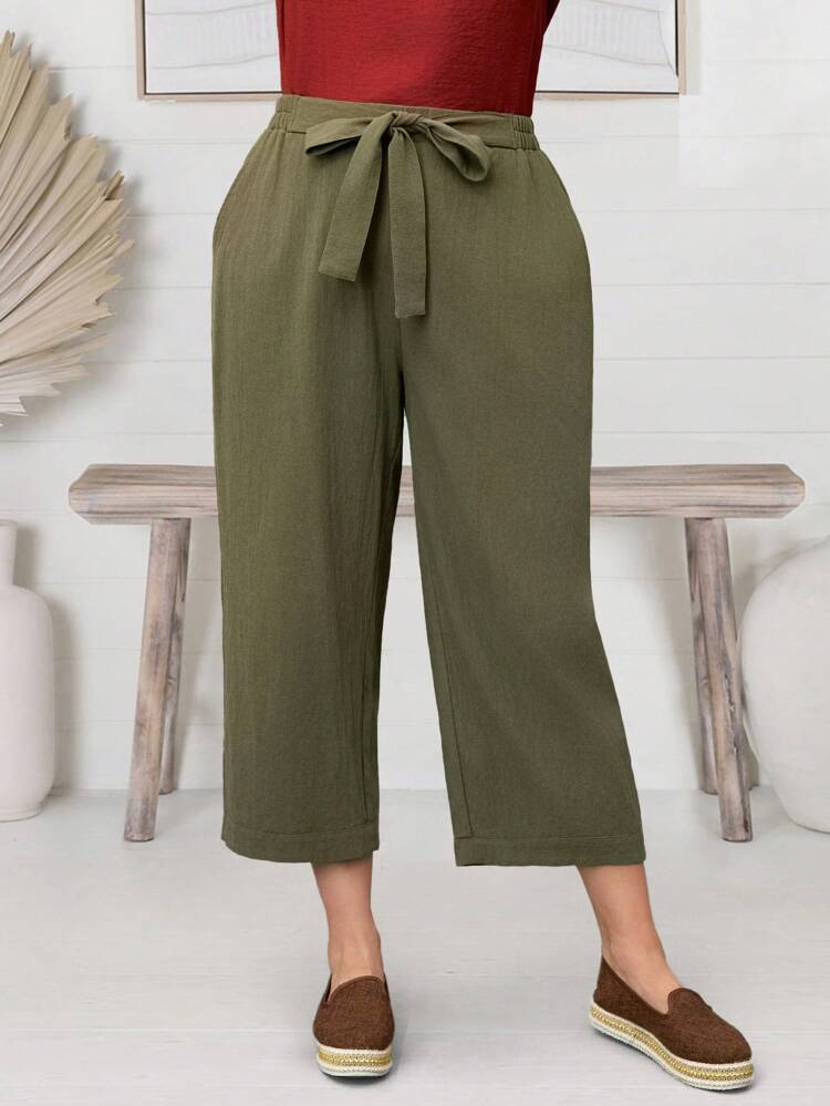 Plus Size Solid Color Front Tie Pocket Minimalistic Casual Long Pants For Everyday Wear