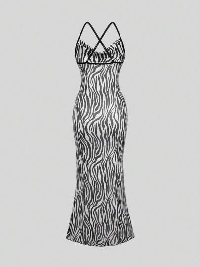 Women's Elegant Zebra Print Ruffle Plunge Neck Fishtail Hem Dress