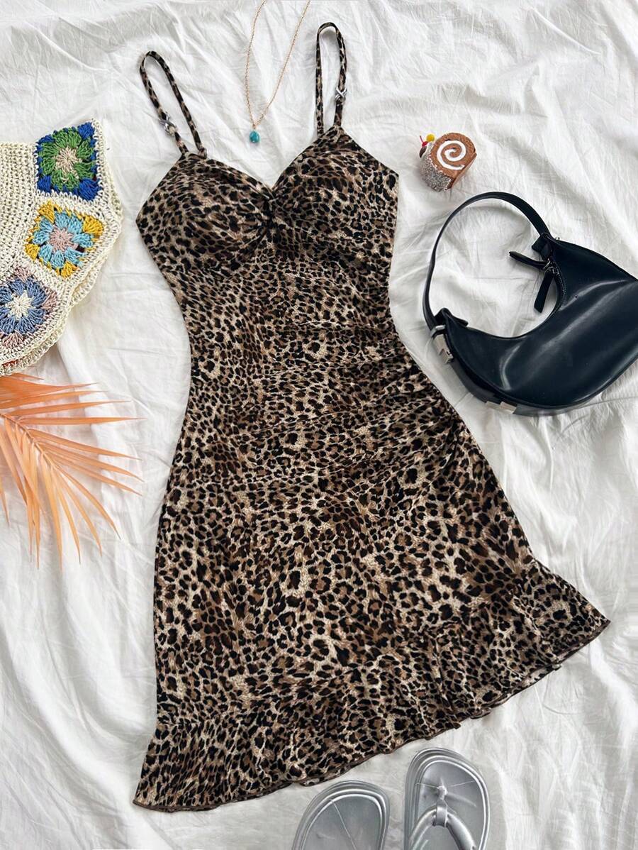 Soleia Women's Fashionable Sexy Leopard Print Twist Front Asymmetrical Ruffle Hem Bodycon Mini Dress, Suitable For Party - Multicolor - View 1