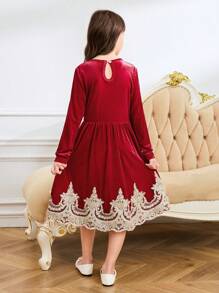 Girls' Round Neck Gathering Long Sleeve Casual Loose Dress - Red - View 2