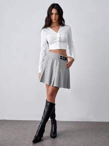 SHEIN Unity Women's Plaid Pleated Waist Buckle Decor Pleated Mini Shorts - Light Grey - View 4