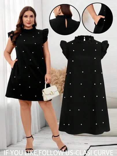 Reflora Vestido negro de talla grande para mujer con adornos de tachuelas y bolsillos, vestido elegante para uso diario, ropa de calle y viaje