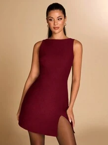 SHEIN BAE 纯黑色性感简约交叉后背紧身连衣裙，适合鸡尾酒会、浪漫约会、秋冬打底衫、聚会派对、正式活动、夜间外出、伴娘套装、万圣节和圣诞节套装 - 酒紅色 - 查看 4