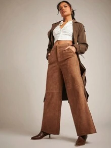 SHEIN Unity Women Solid Color High Waist Pockets Wide Leg Loose Casual Faux Suede Palazzo Pants
