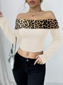 Chiquease 性感豹纹露肩设计女式上衣 - 杏色 - 查看 5