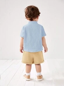 SHEIN Leap Crew 2 件装男童/女童纯色立领开衫短袖上衣和蝴蝶结装饰休闲短裤套装 - 彩色 - 查看 2