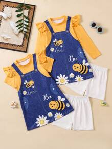 2pcs/Set Young Girl Casual Denim Effect Frill Trim Dress And Leggings Set, For Spring Summer - Multicolor - View 1