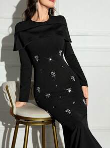 Modelyn Vestido largo elegante de manga larga con adorno de rhinestones y ajustado para damas - Negro - Ver 4