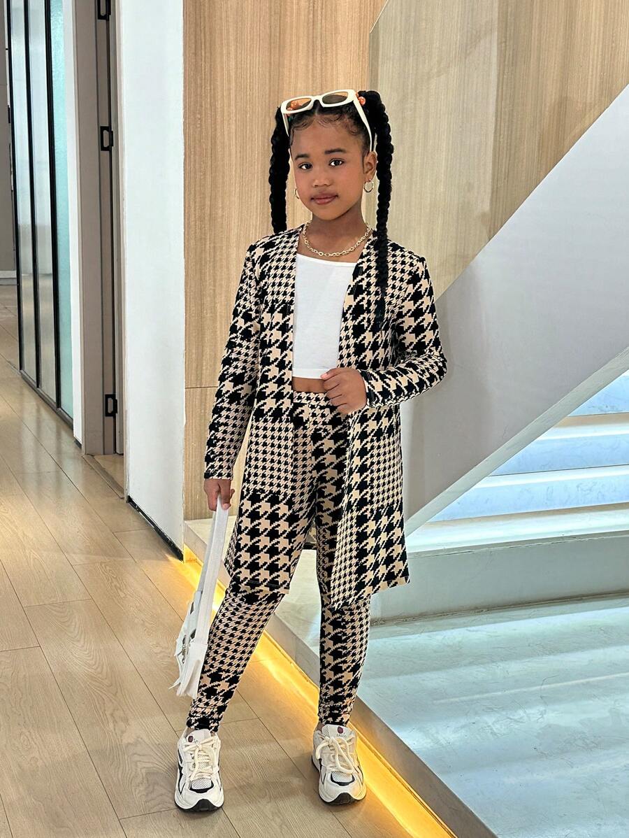 SHEIN Tween Girl NOVA Store 日常休闲针织格子印花长袖开衫上衣搭配紧身裤套装 - 卡其色 - 查看 1