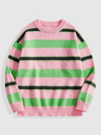 Street Life Fashion Men's Vintage Sweater, Round Neck Knitted Cardigan, Cozy Loose Casual Tops For Winter