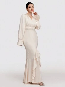 Mulvari Vestido elegante extra largo de unicolor con cuello en V, mangas acampanadas y volante en el bajo