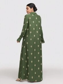 Veilorie 女士花卉印花长袖单排扣休闲长款阿巴雅连衣裙 - 綠色 - 查看 8