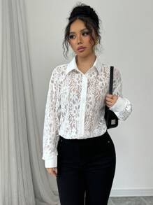 Elenzga Damska koronkowa bluzka z prześwitującym wzorem casualowym i modnym wzorem - Biały - Zobacz 4