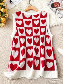 SHEIN LUNE V 领心形图案超大红色毛衣背心，情人节 - 彩色 - 查看 2