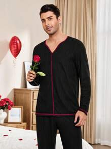 SHEIN Men's Solid Color Patchwork Long Sleeve Top And Long Pants Homewear Set - Black - View 7