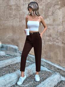 RueChic Women Button Front Pocket Casual Simple Style Long Pants, Everyday Wear - Brown - View 5