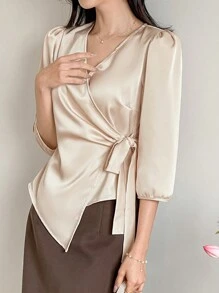 DAZY Elegant French Style V-Neck Satin Long Sleeve Tie-Waist Blouse For Women
