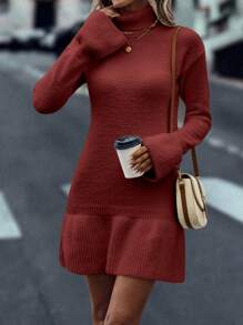 SHEIN Unity Vestido de terciopelo casual con volantes en el bajo, de color liso, sencillo y de moda para uso diario - Rojo - Ver 5