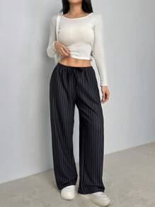 SHEIN PETITE Elastic Waist Black Knitted Striped Casual Pants