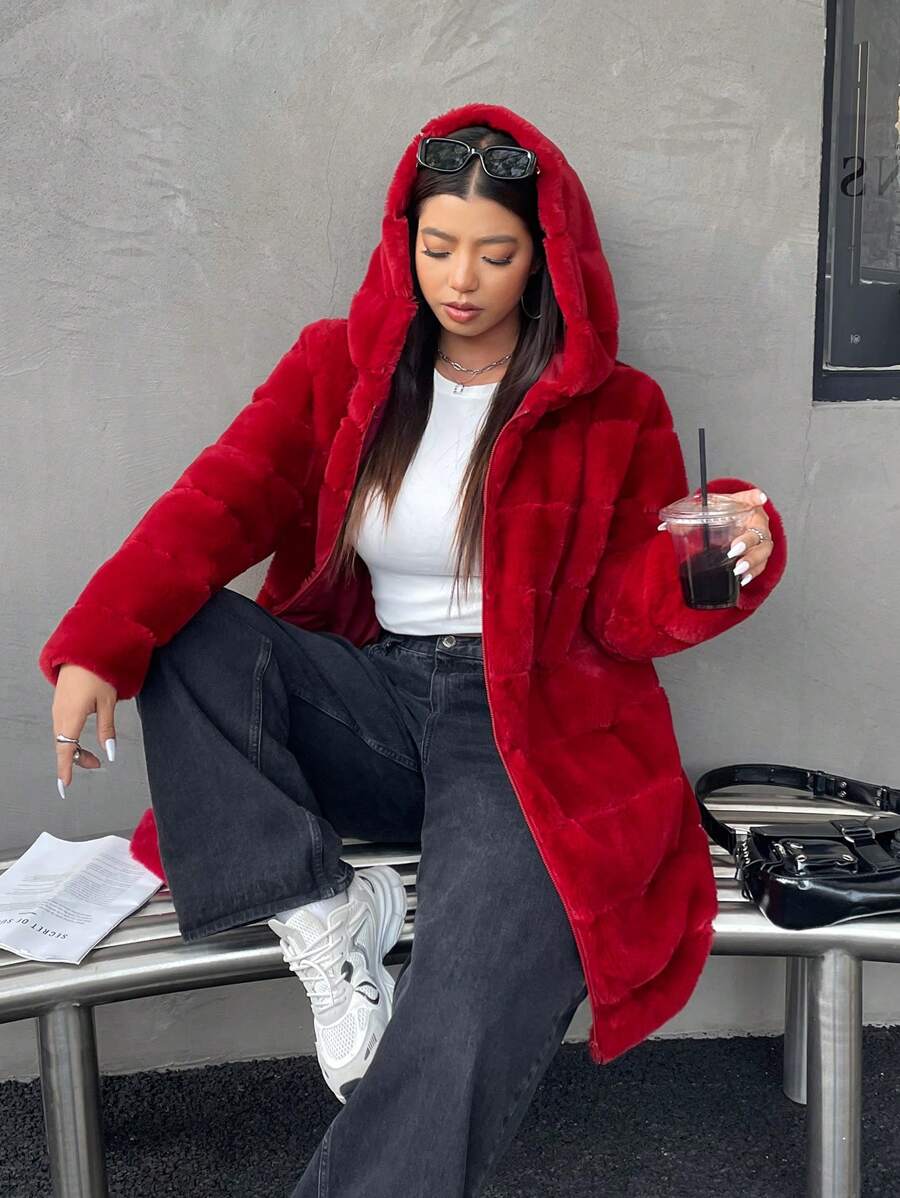 SHEIN EZwear Día de San Valentín, Abrigos esponjosos de talla grande - Burdeos - Ver 1