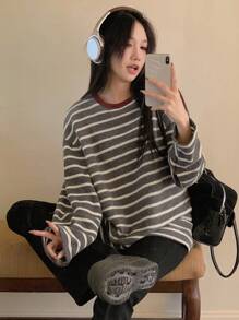 DAZY Women Striped Round Neck Loose Casual Long Sleeve T-Shirt, Autumn - Multicolor - View 7