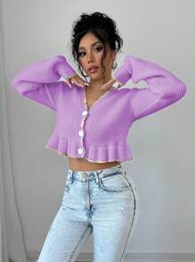 Elenzga Áo khoác cardigan dài tay màu tím chắp vá cài nút phía trước cho nữ - Màu Lilac Tím - Xem 7