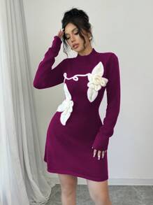 Elenzga 女士 3D 花卉装饰立领长袖休闲短款连衣裙 - 中紫紅色 - 查看 3