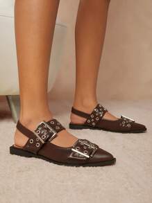 SHUZIA Women's Chocolate PU Chunky Buckle Slingback Flats: Wild Punk Style, Angular Silhouette, Chunky Grommets, Oversized Buckles, Snip Toe. Mother's Day Present For Christmas Valentine's Day - Chocolate Brown - View 5
