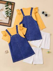 2pcs/Set Young Girl Casual Denim Effect Frill Trim Dress And Leggings Set, For Spring Summer - Multicolor - View 2
