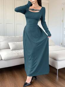 Modelyn 女士纯色蝴蝶结装饰长袖简约长裙长款晚礼服