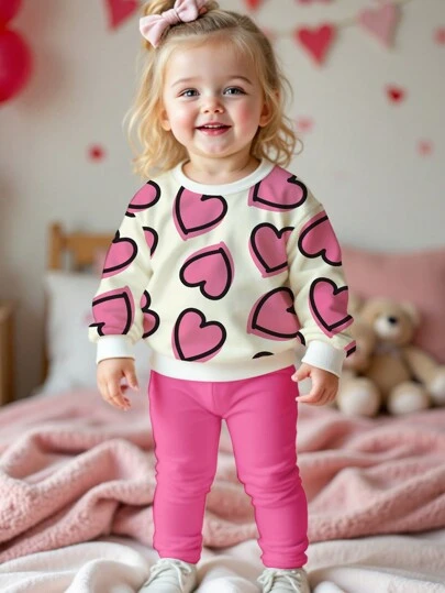 SHEIN Leap Crew Cute Hand-Painted Heart Print, Pink, Baby Girl Casual Knitted Soft Thickened Crew Neck Long Sleeve Sweatshirt And Form-Fitting Leggings Set, Suitable For Autumn/Winter