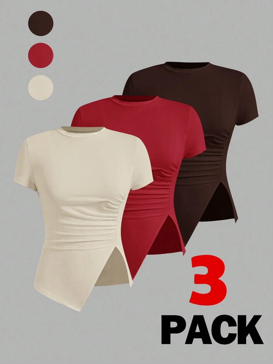 SHEIN Essnce 3pcs Round Neck Plain Color Frill Asymmetric Hem Short Sleeve T-Shirt - Multicolor - View 1