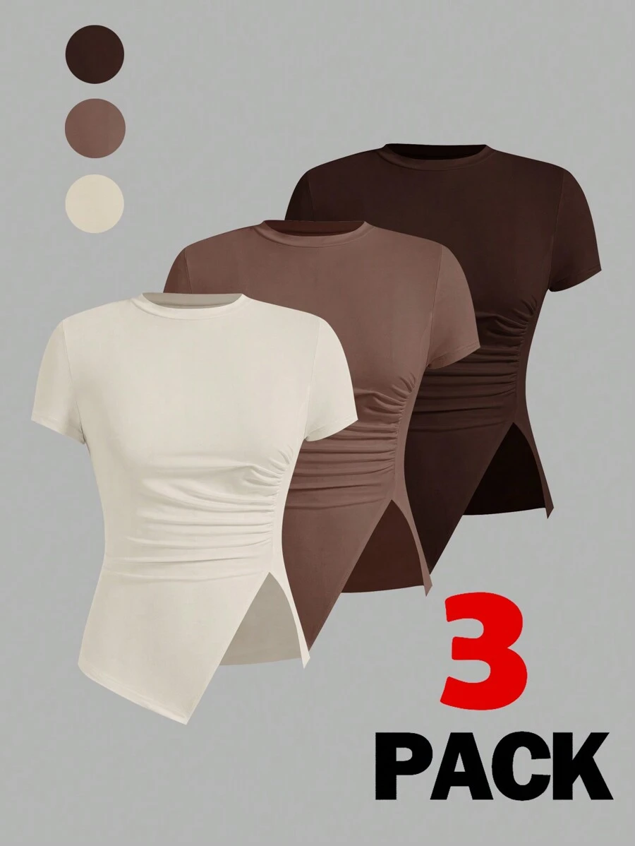 SHEIN Essnce 3 件装荷叶边不对称短袖纯色 T 恤，日常休闲简约时尚
