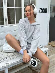 Jouncy Women 2pcs Set Casual Solid Color Hoodie And Shorts, Autumn